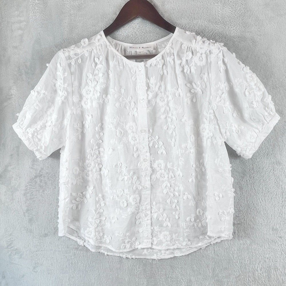 White 3D Floral Applique Embroidered Cotton Blouse L Puff Sleeve Cottagecore